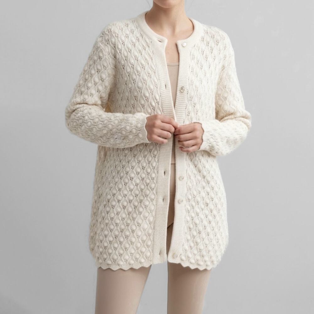 70s Mod Pointelle Textured Cardigan Sweater Ivory Grandmacore Open Lace Knit
